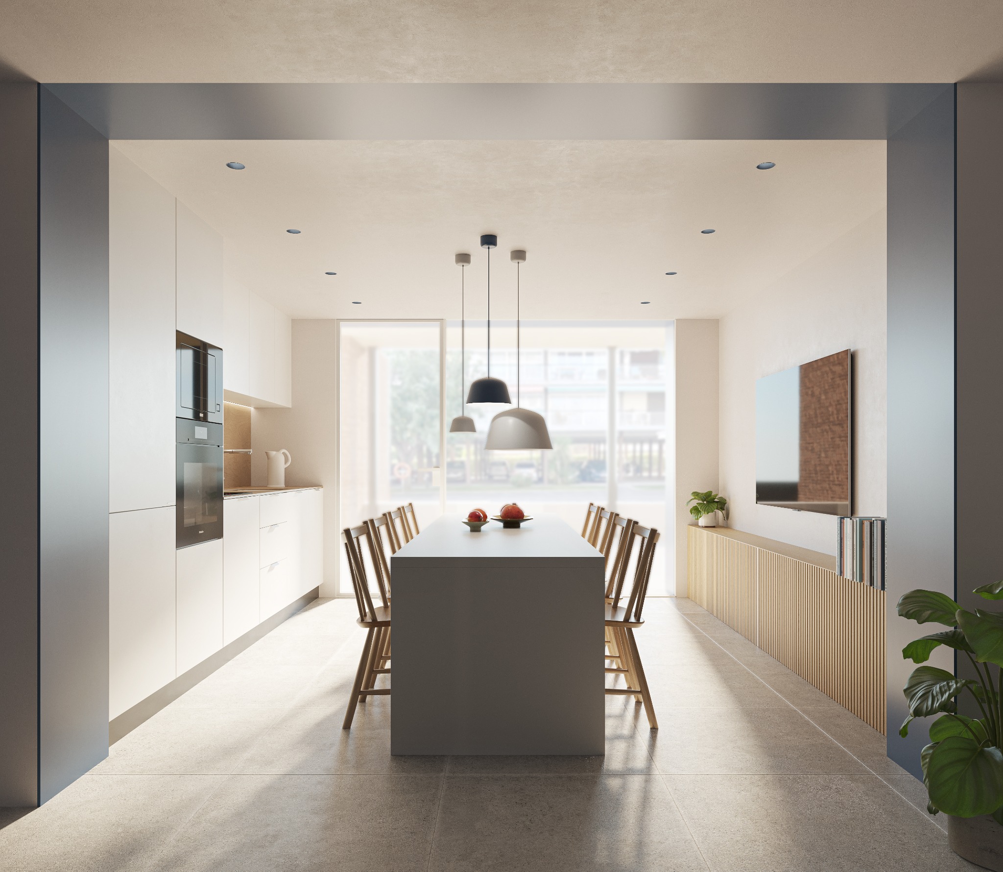 Mítico Spaces Cocina y zona común con mesa comunitaria y office